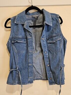 Vintage Blue Denim Vest With Buttons And String Tie